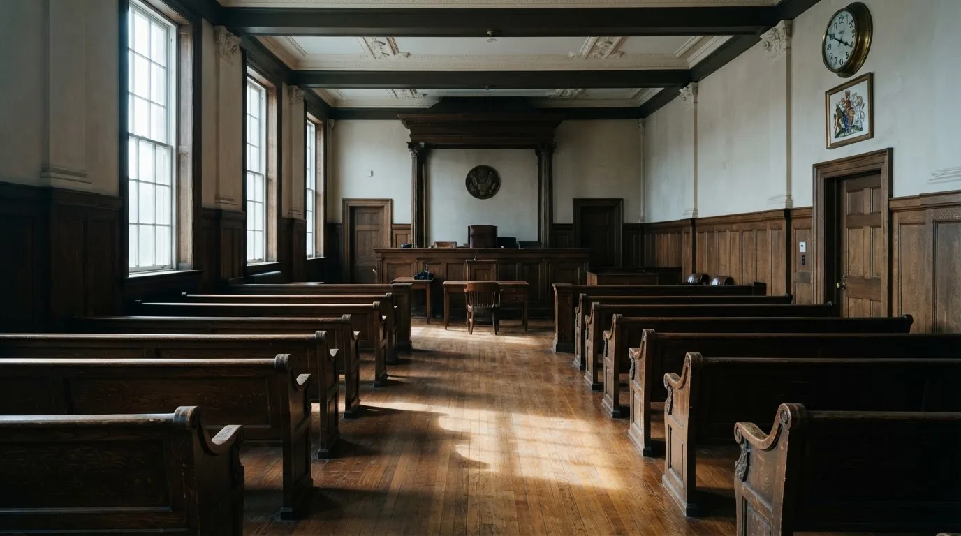 An empty courtroom with wooden benches in morning light