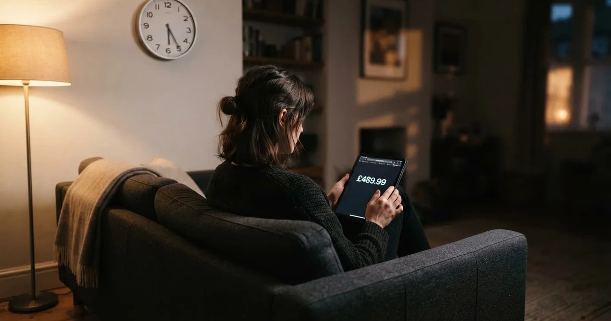 A person on a sofa looking thoughtfully at a tablet, a wall clock in the background