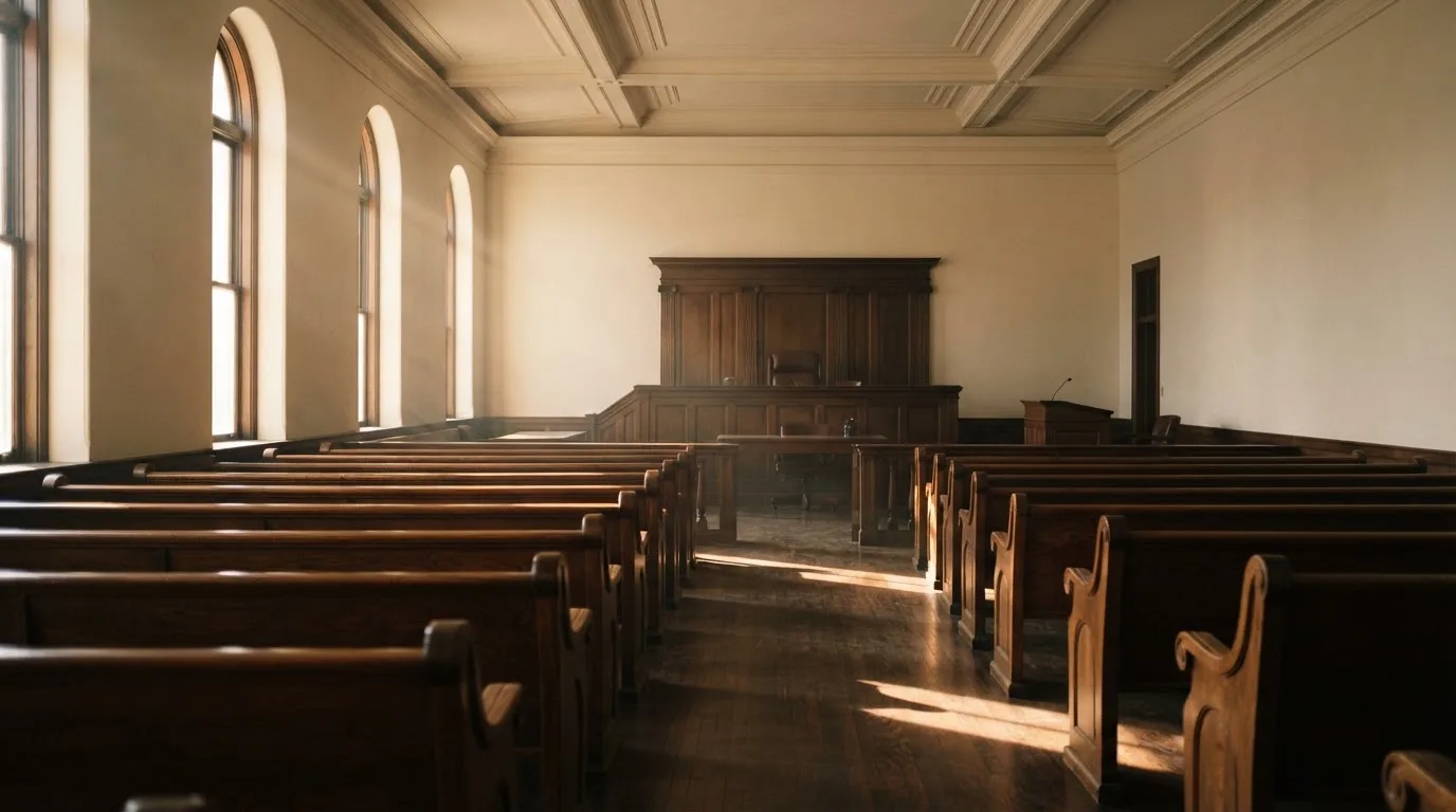 An empty courtroom with wooden benches in morning light