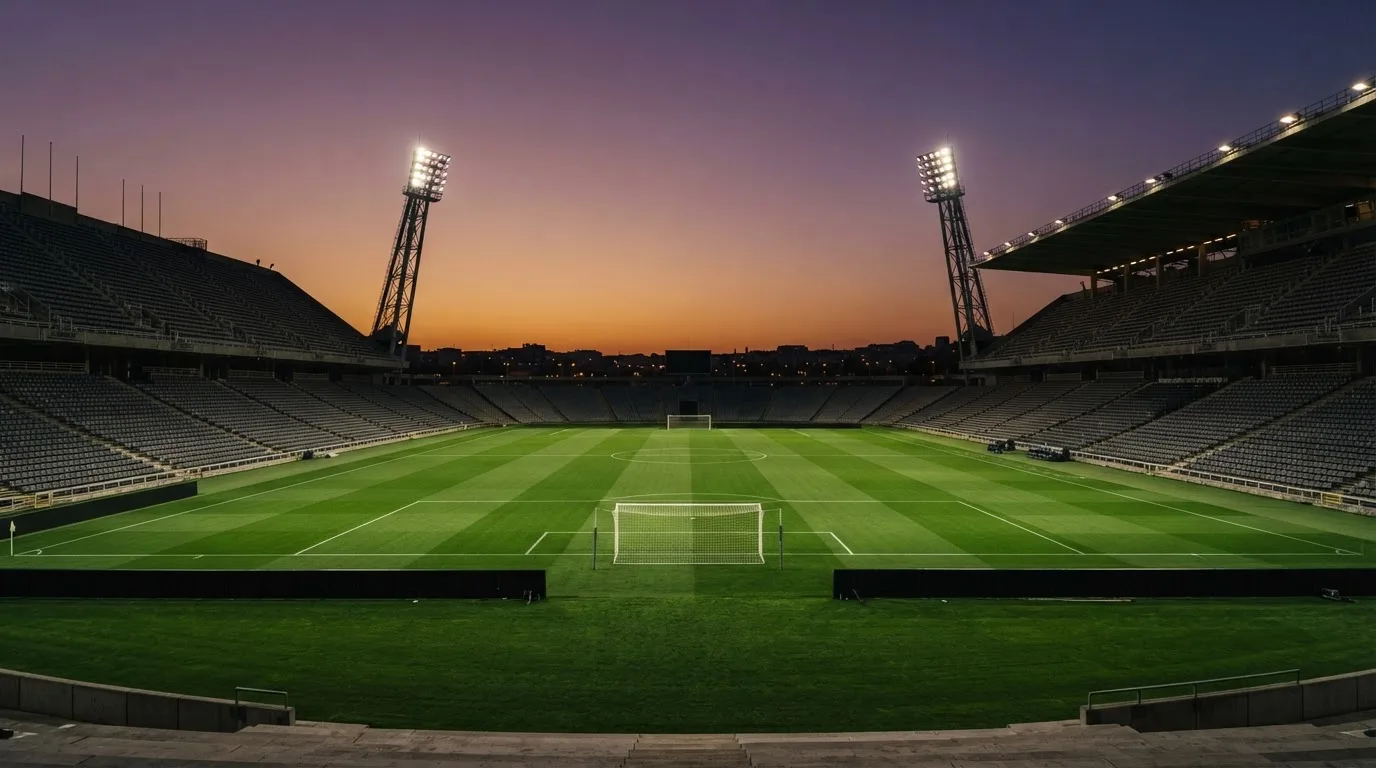 An empty football stadium with floodlight masts at dusk