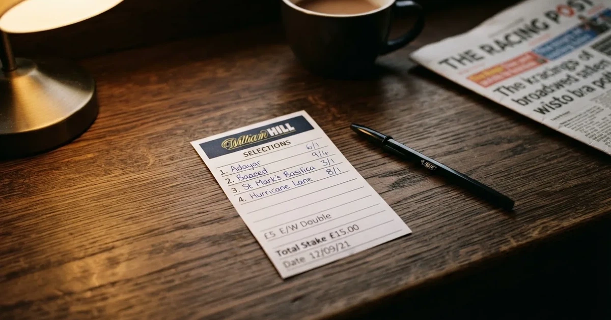 A blank paper betting slip beside a pen on a wooden counter