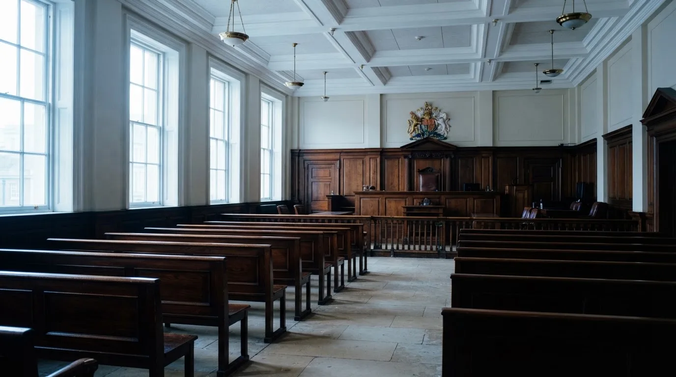An empty courtroom with wooden benches in morning light