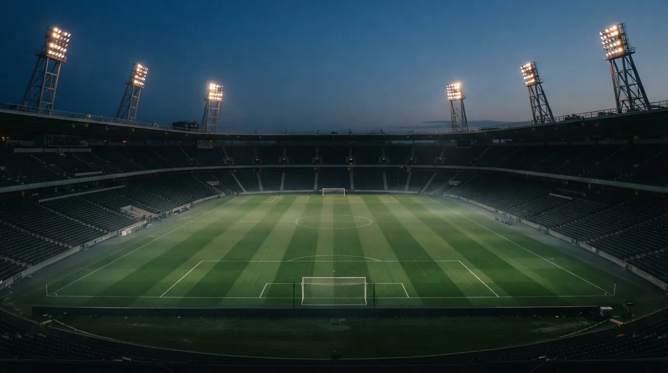 An empty football stadium with floodlight masts at dusk