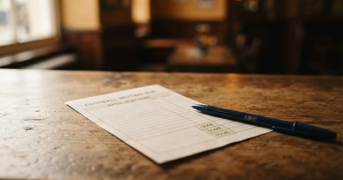 A blank paper betting slip beside a pen on a wooden counter