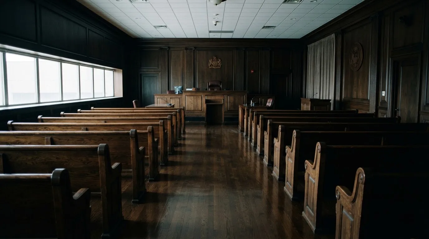 An empty courtroom with wooden benches in morning light