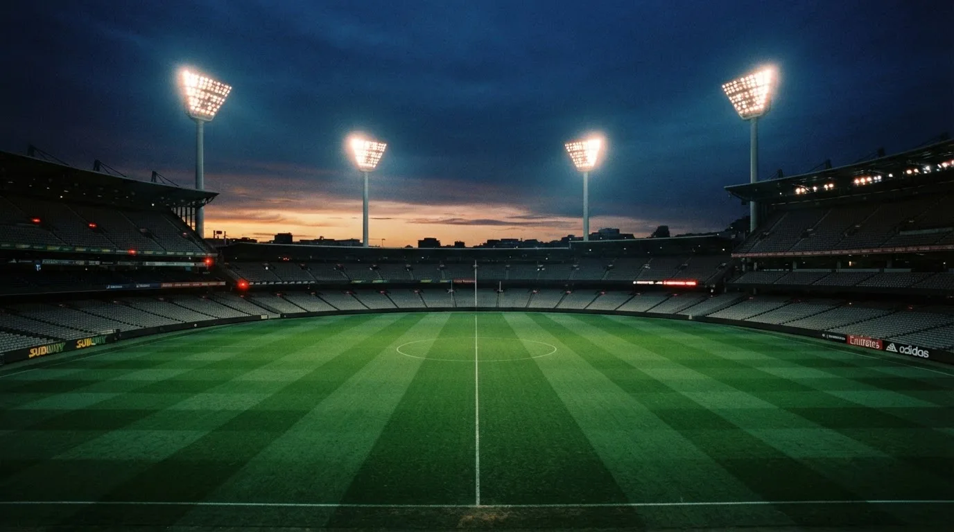 An empty football stadium with floodlight masts at dusk