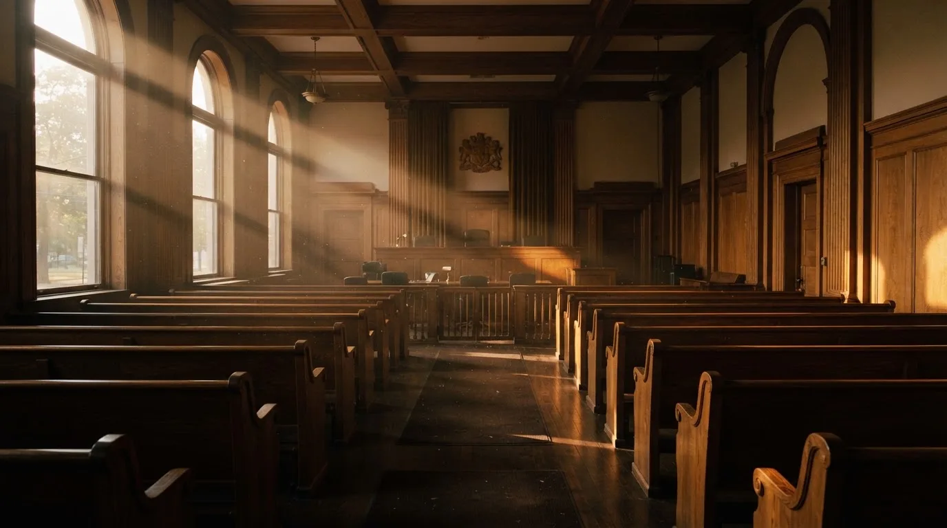 An empty courtroom with wooden benches in morning light