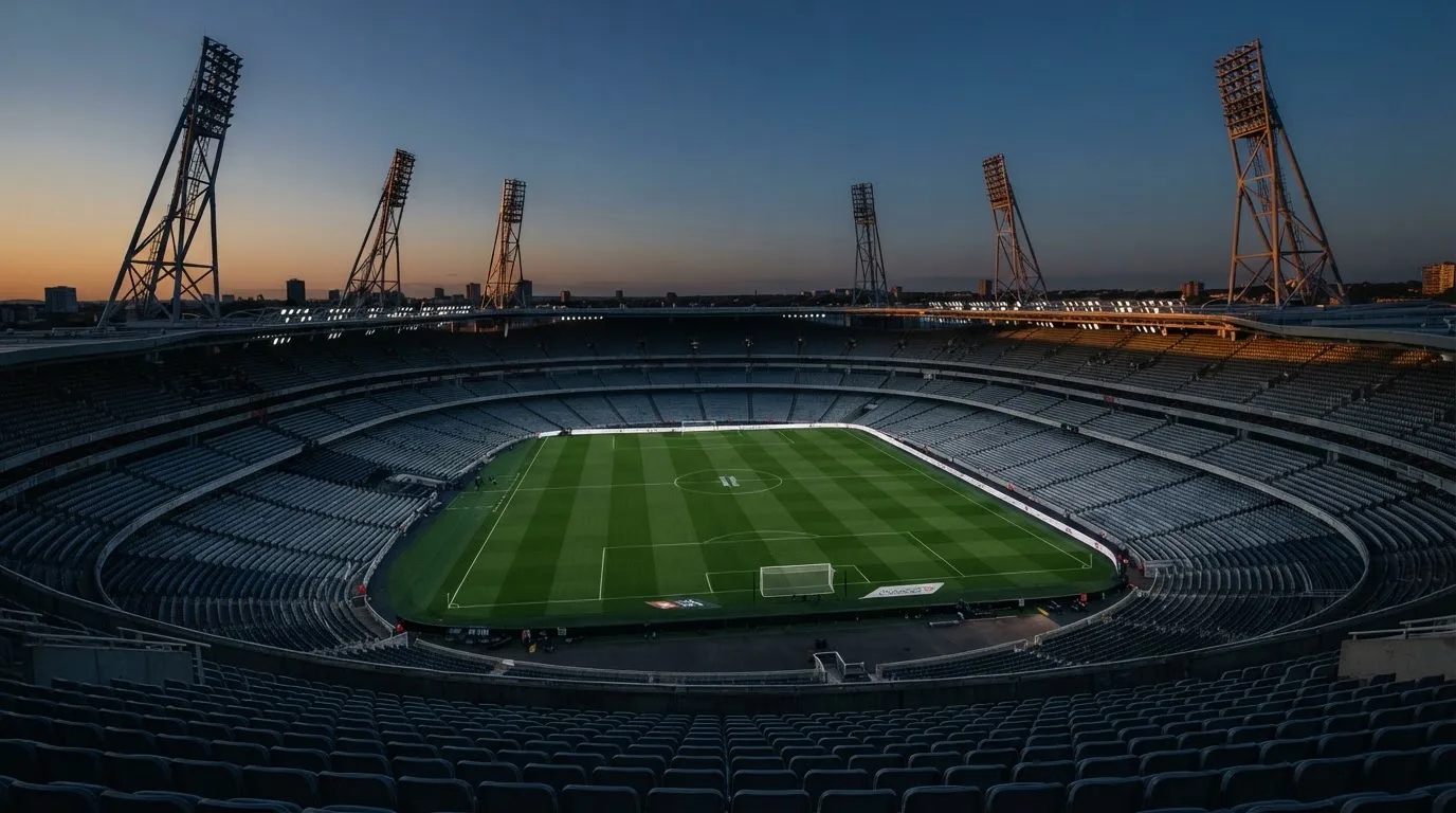 An empty football stadium with floodlight masts at dusk