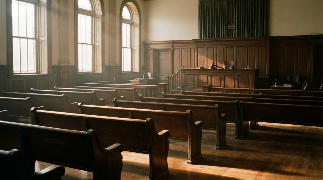 An empty courtroom with wooden benches in morning light