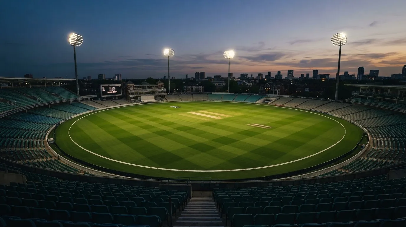 An empty football stadium with floodlight masts at dusk