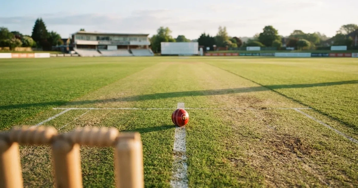 A ball on the centre spot of a grass pitch in morning light