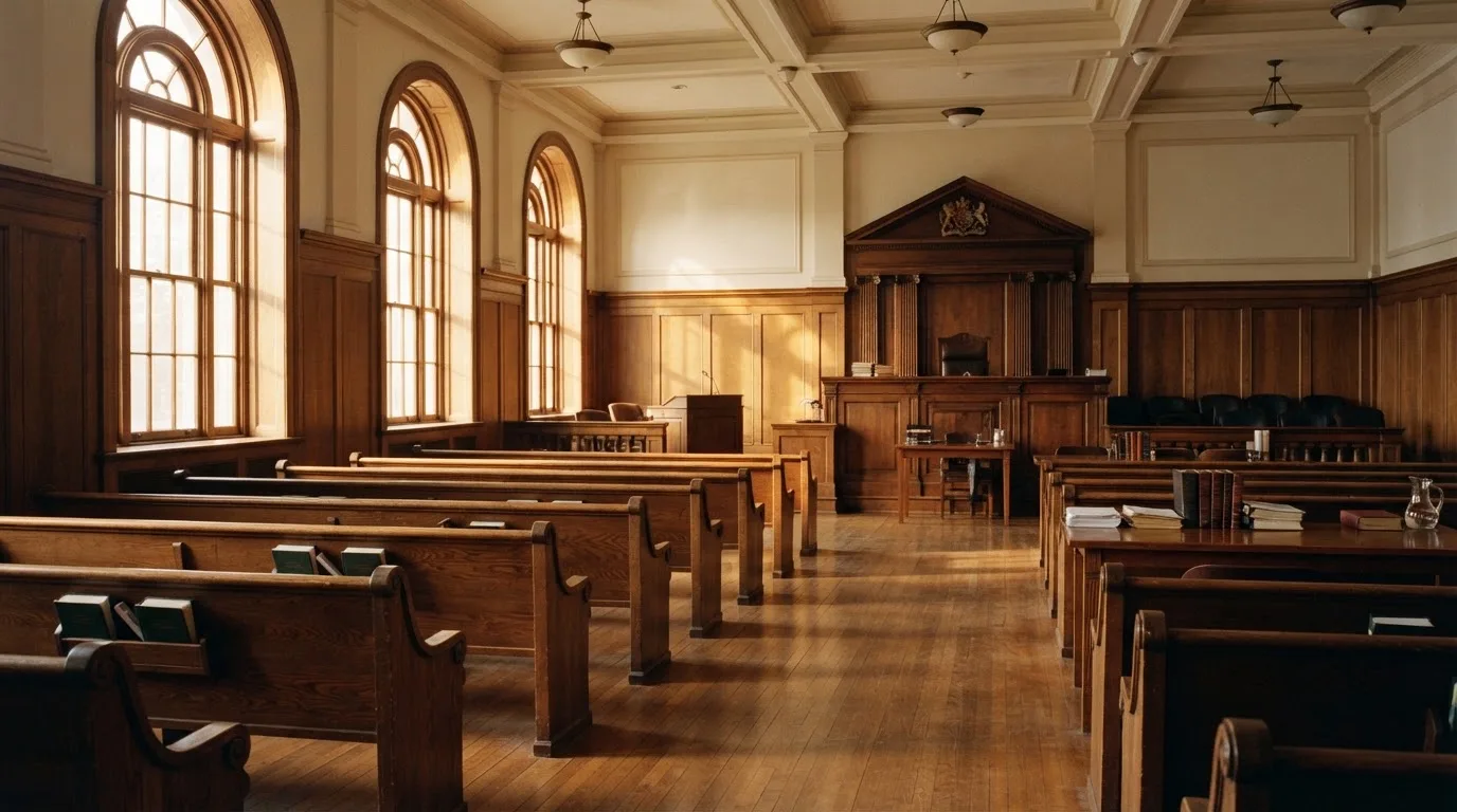 An empty courtroom with wooden benches in morning light
