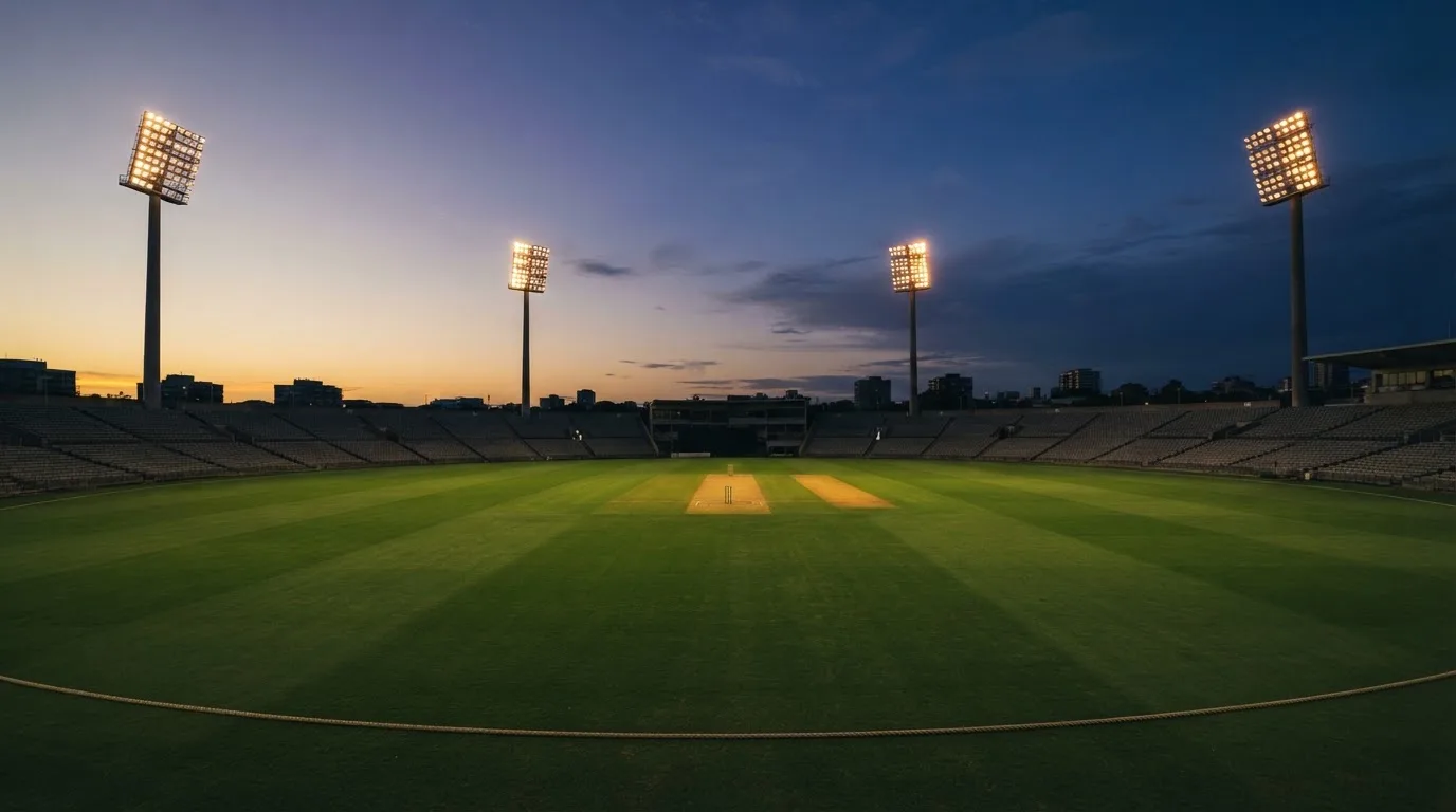 An empty football stadium with floodlight masts at dusk