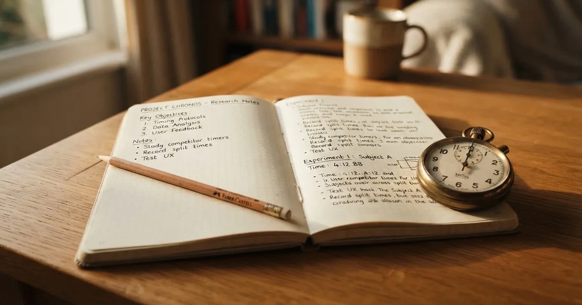 An open notebook with a pencil and a stopwatch on a wooden table
