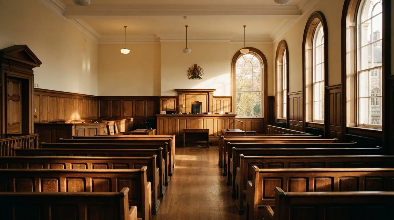 An empty courtroom with wooden benches in morning light