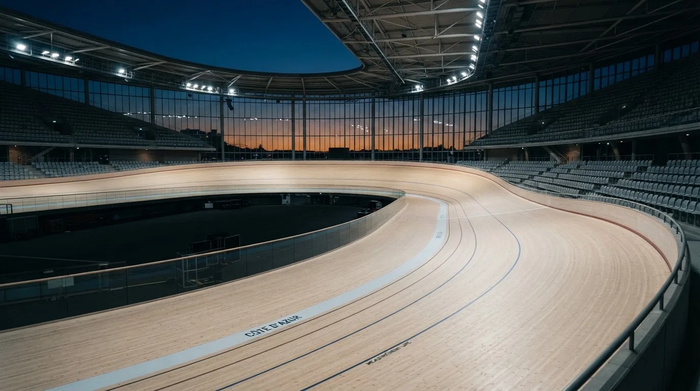 An empty football stadium with floodlight masts at dusk
