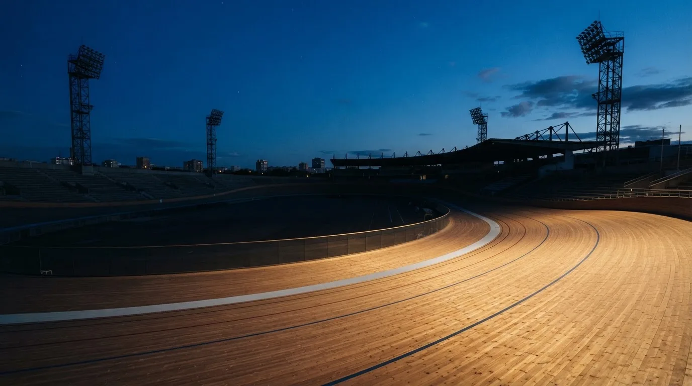 An empty football stadium with floodlight masts at dusk