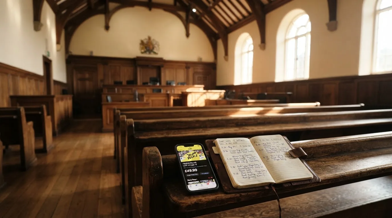 An empty courtroom with wooden benches in morning light