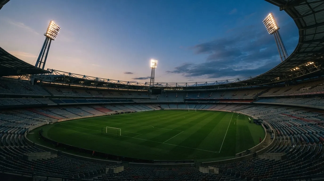 An empty football stadium with floodlight masts at dusk