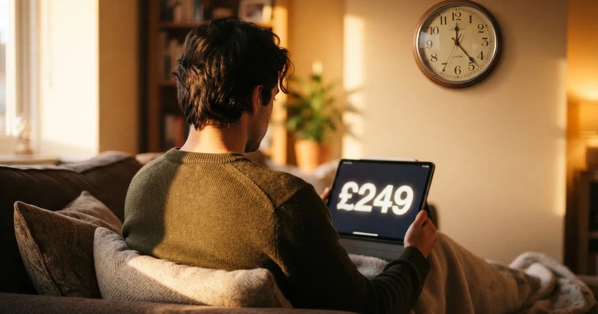 A person on a sofa looking thoughtfully at a tablet, a wall clock in the background