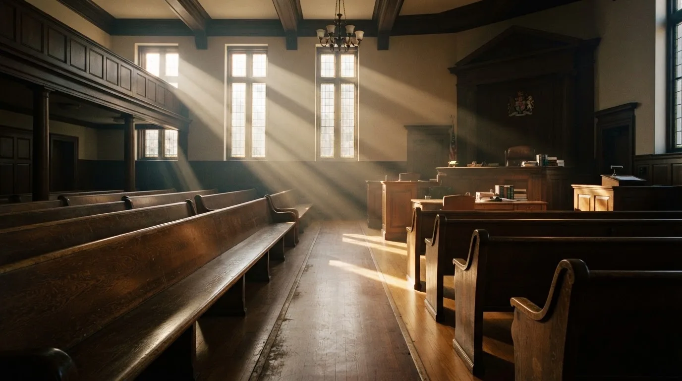 An empty courtroom with wooden benches in morning light