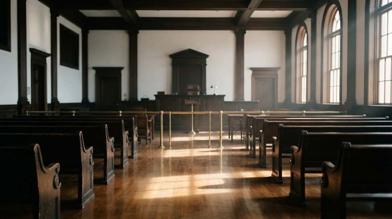 An empty courtroom with wooden benches in morning light