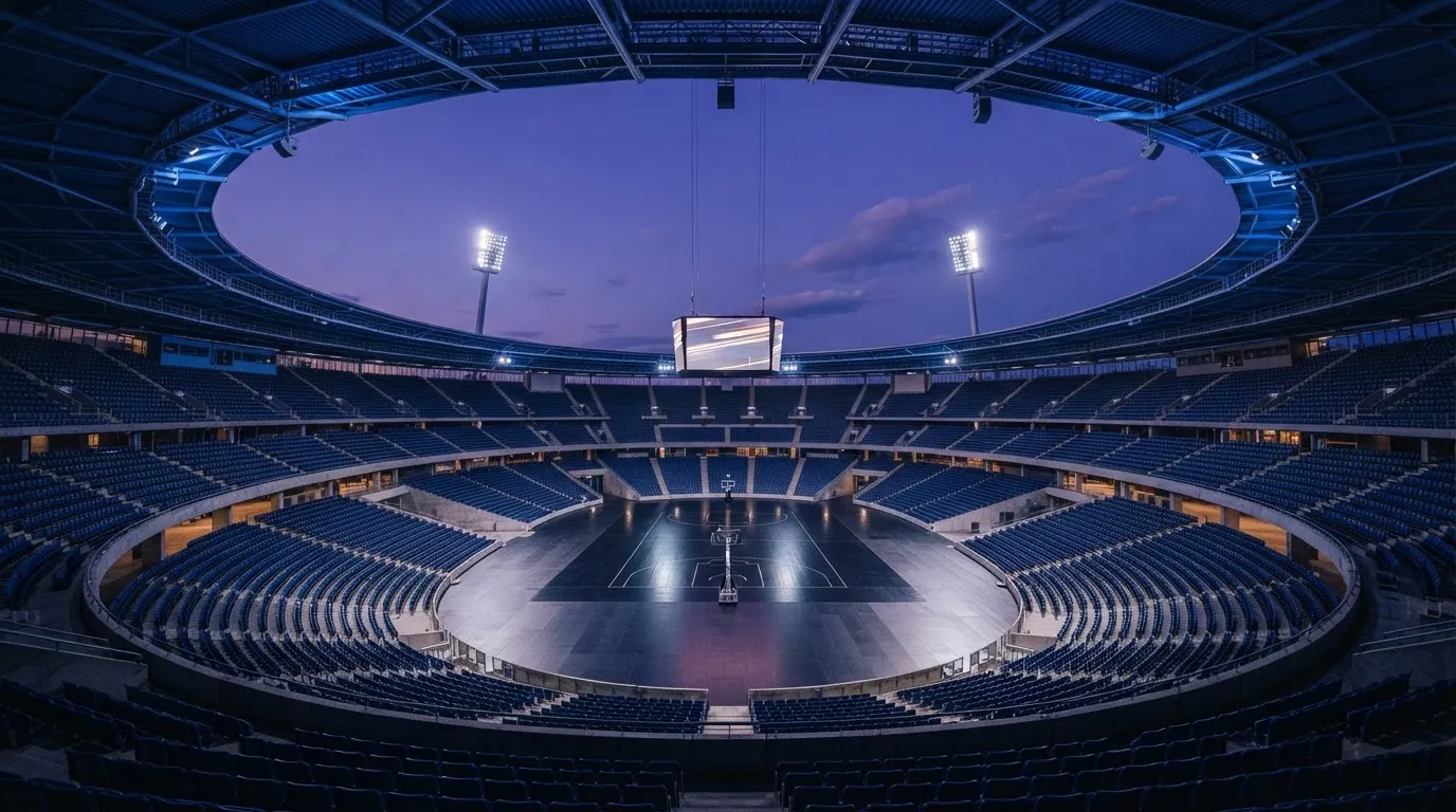 An empty football stadium with floodlight masts at dusk