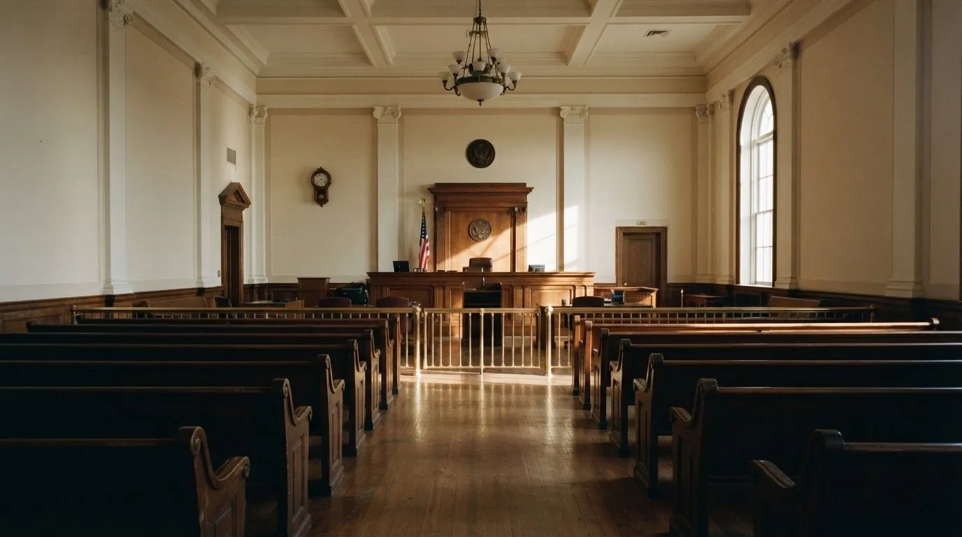 An empty courtroom with wooden benches in morning light