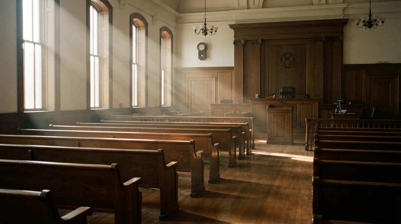 An empty courtroom with wooden benches in morning light