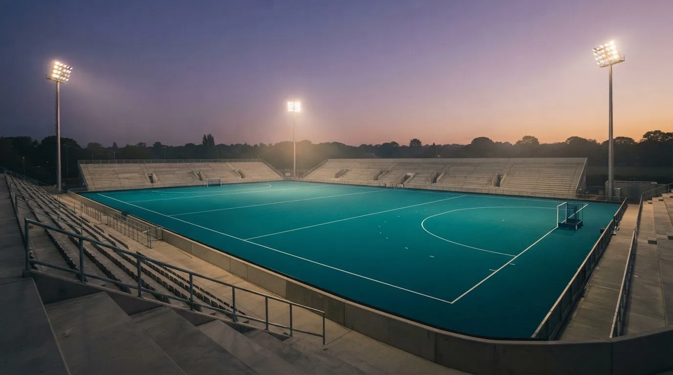 An empty football stadium with floodlight masts at dusk