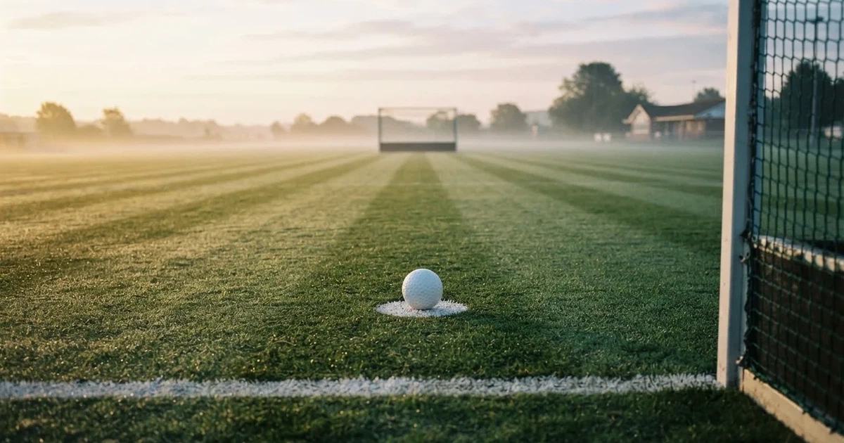 A ball on the centre spot of a grass pitch in morning light