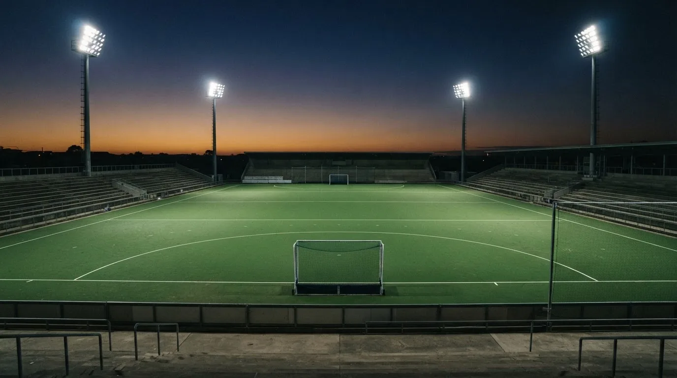 An empty football stadium with floodlight masts at dusk