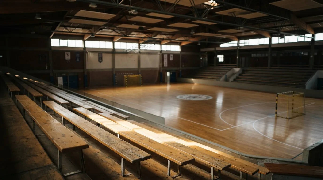 An empty courtroom with wooden benches in morning light