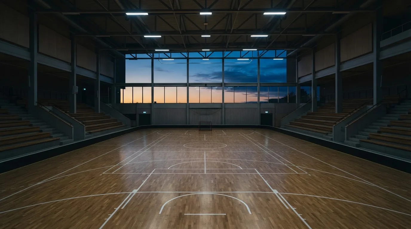 An empty football stadium with floodlight masts at dusk