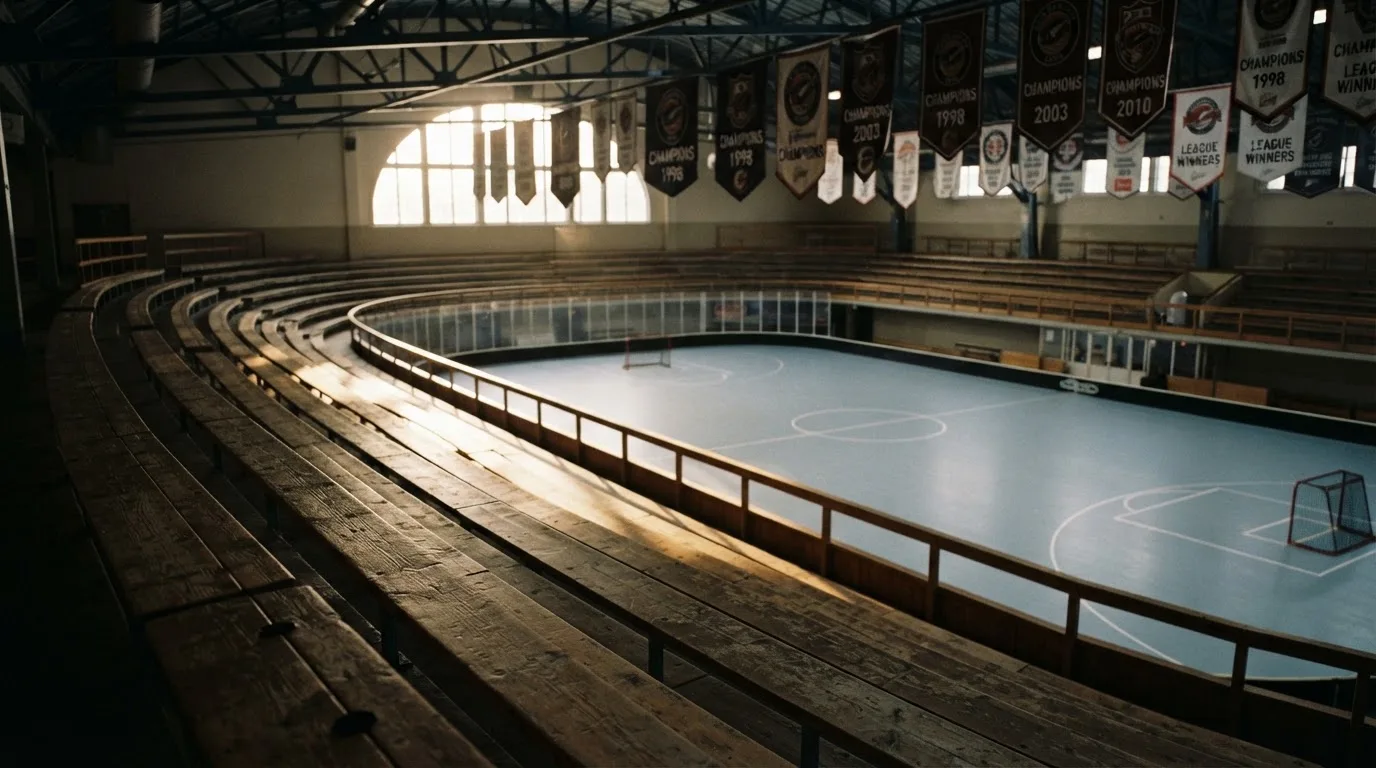An empty courtroom with wooden benches in morning light