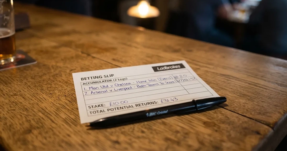 A blank paper betting slip beside a pen on a wooden counter