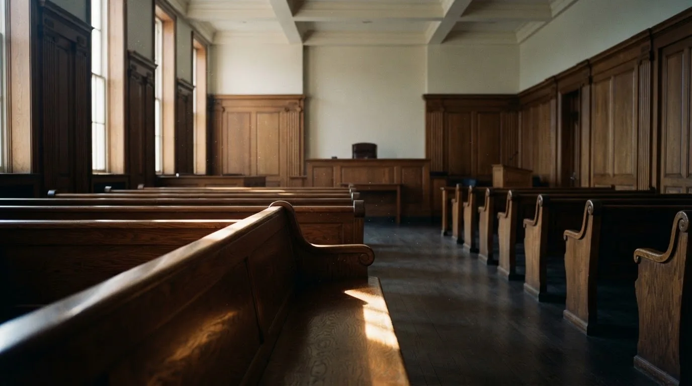 An empty courtroom with wooden benches in morning light