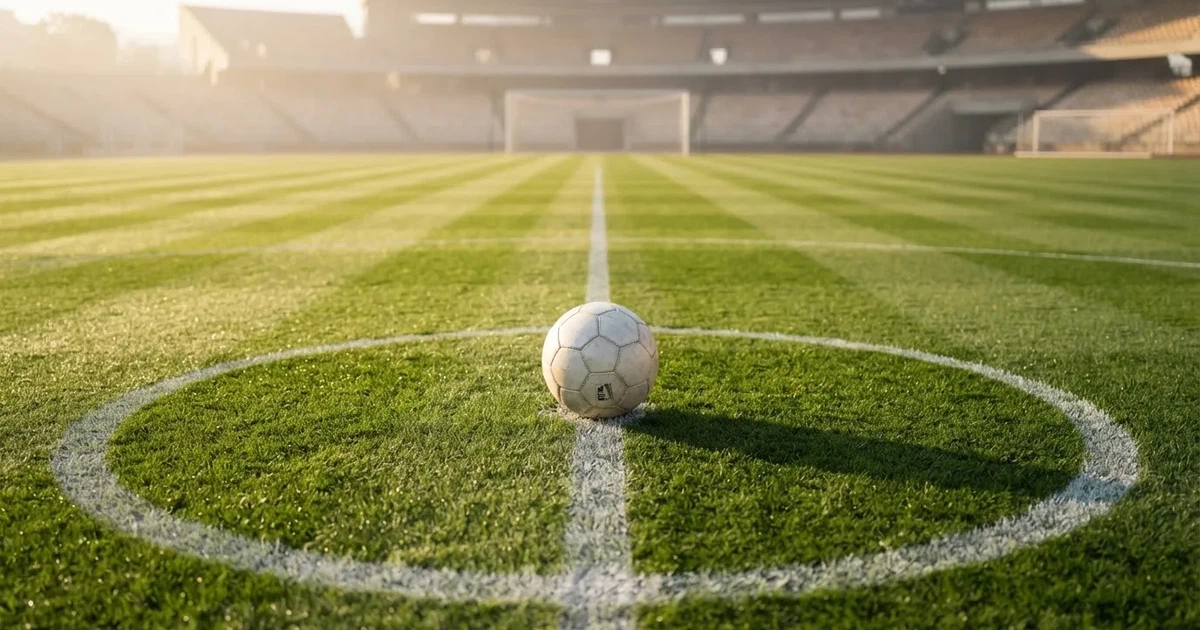 A ball on the centre spot of a grass pitch in morning light