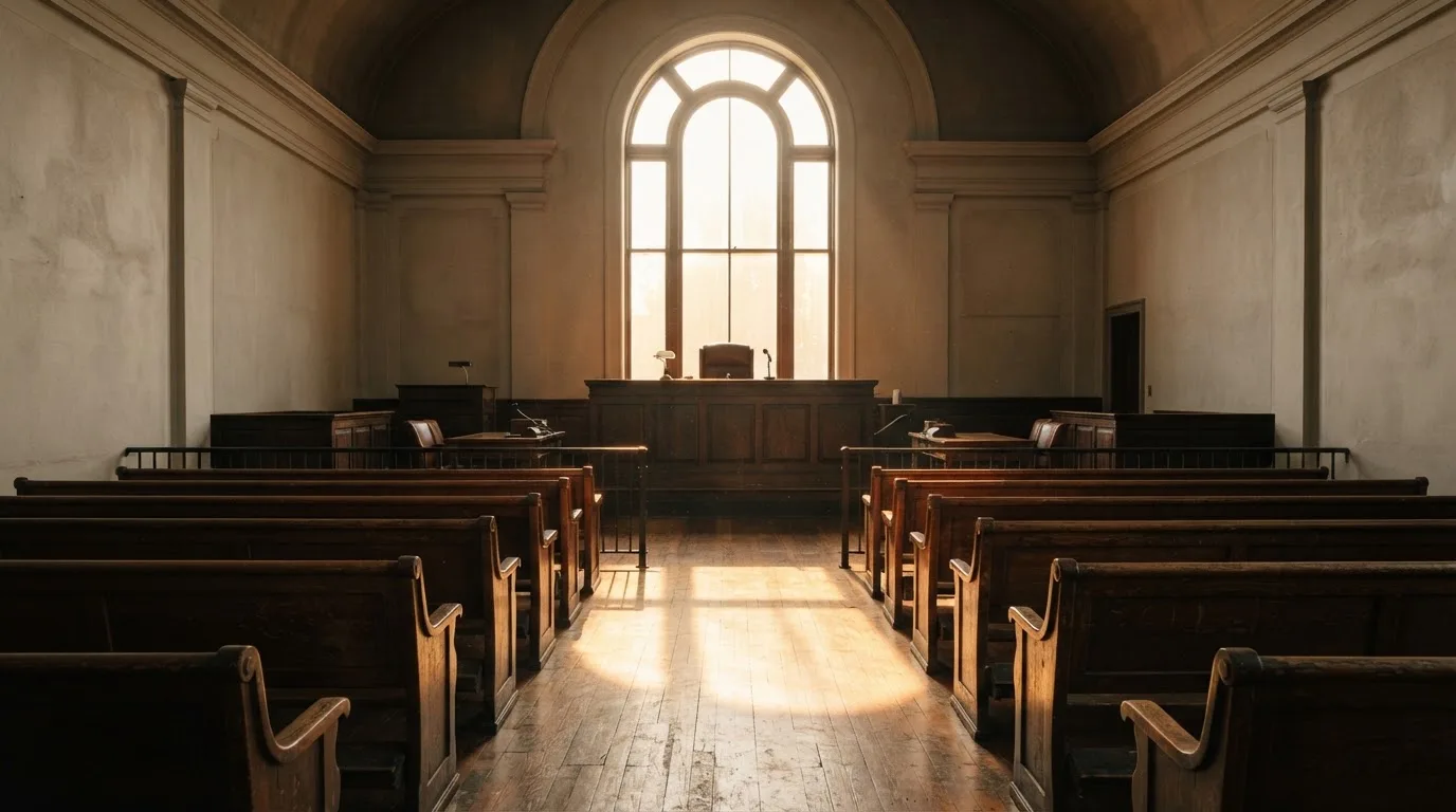 An empty courtroom with wooden benches in morning light