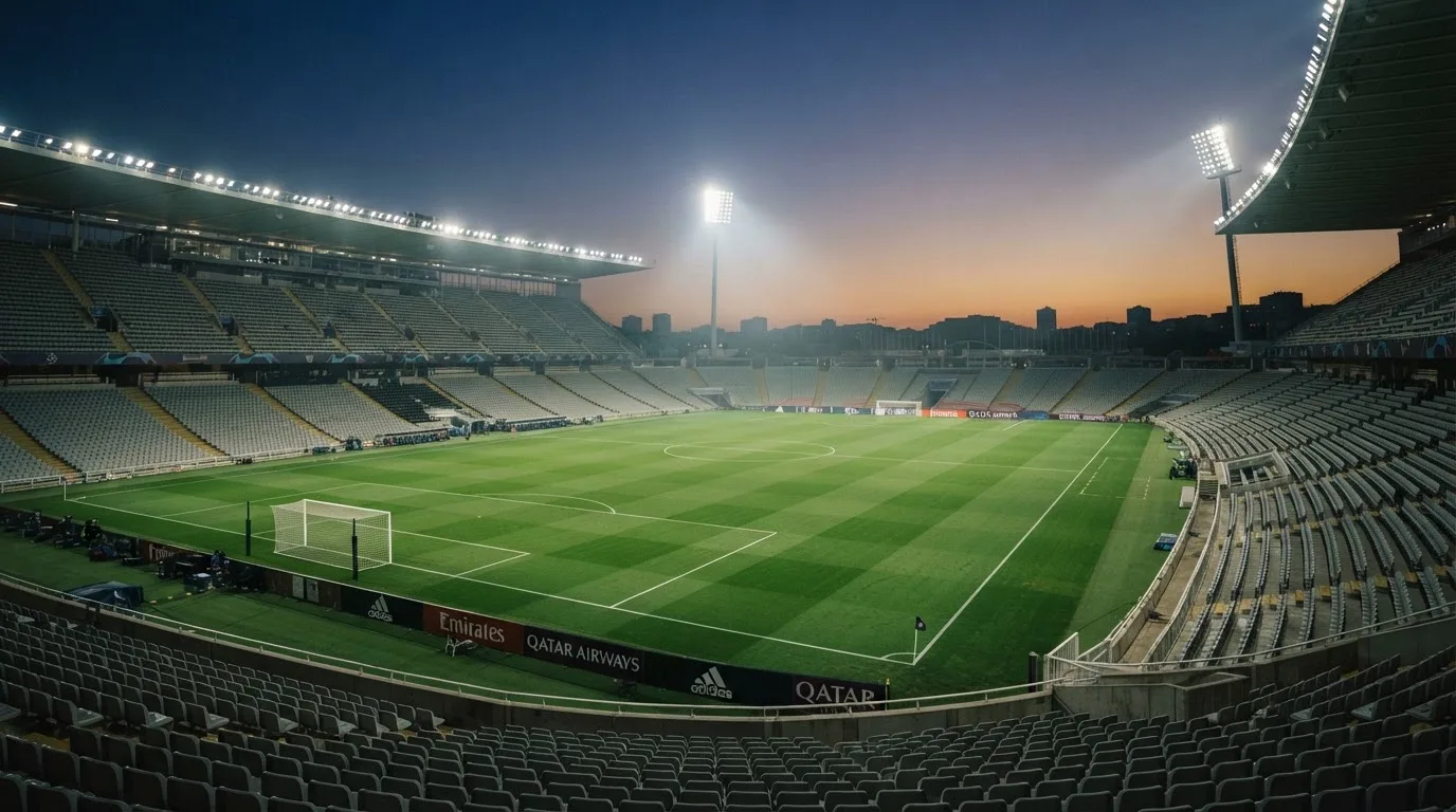 An empty football stadium with floodlight masts at dusk