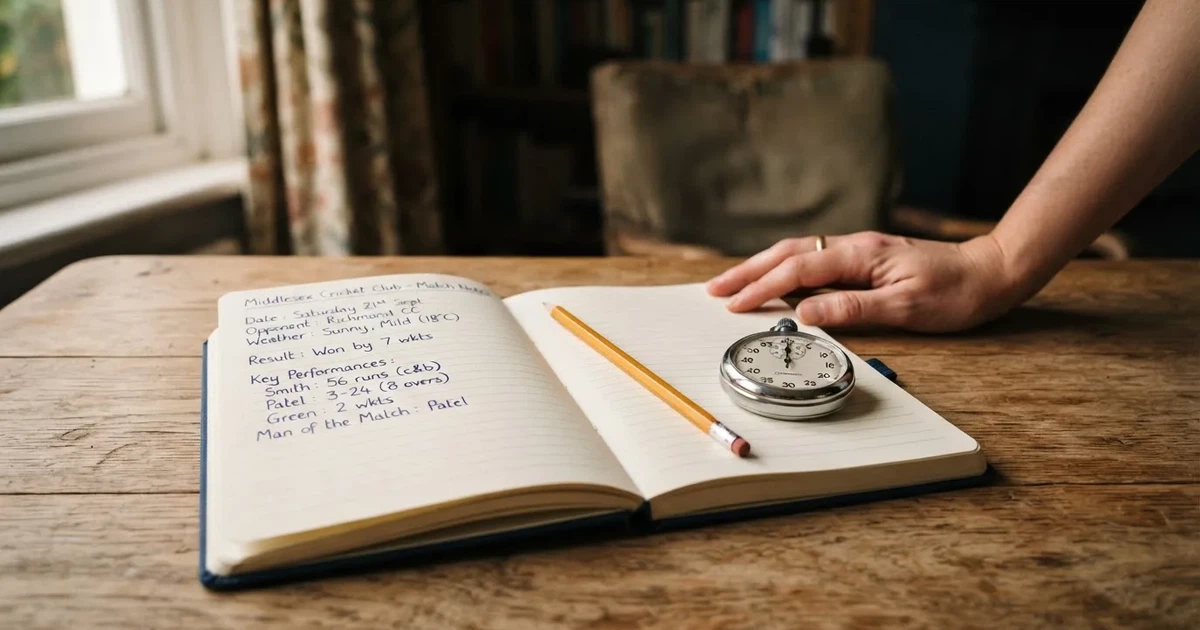 An open notebook with a pencil and a stopwatch on a wooden table