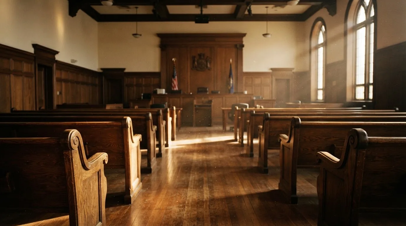 An empty courtroom with wooden benches in morning light