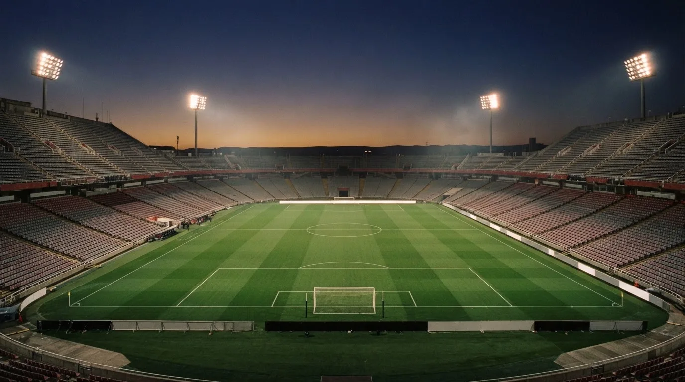 An empty football stadium with floodlight masts at dusk