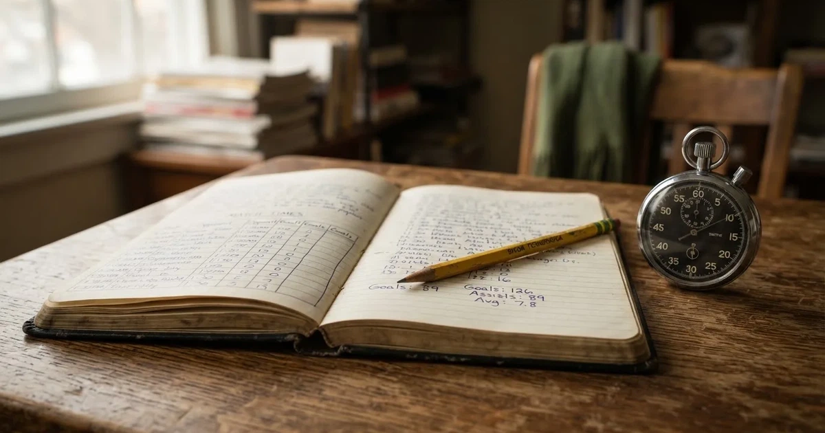An open notebook with a pencil and a stopwatch on a wooden table