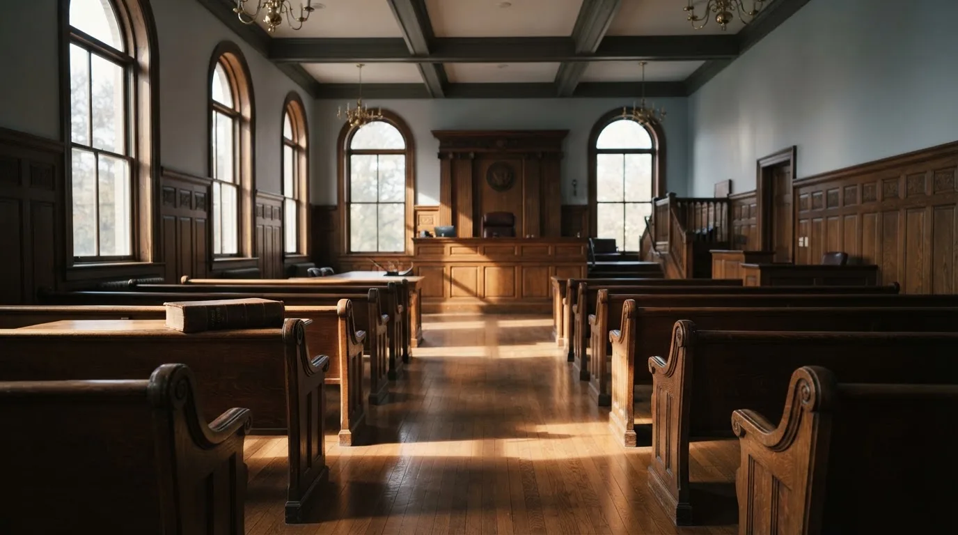 An empty courtroom with wooden benches in morning light