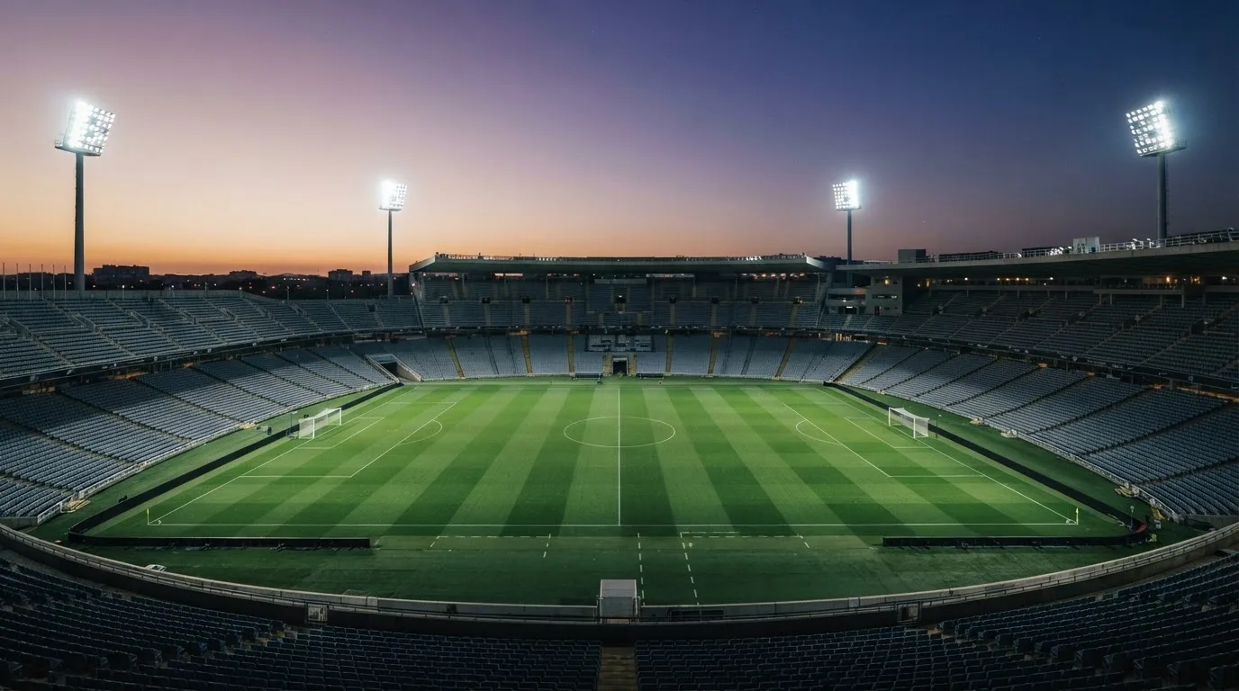 An empty football stadium with floodlight masts at dusk