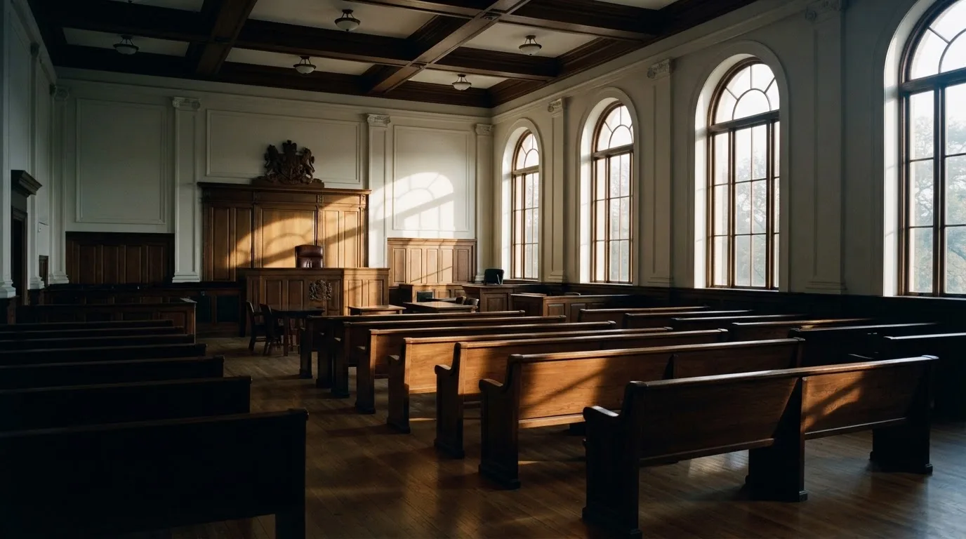 An empty courtroom with wooden benches in morning light