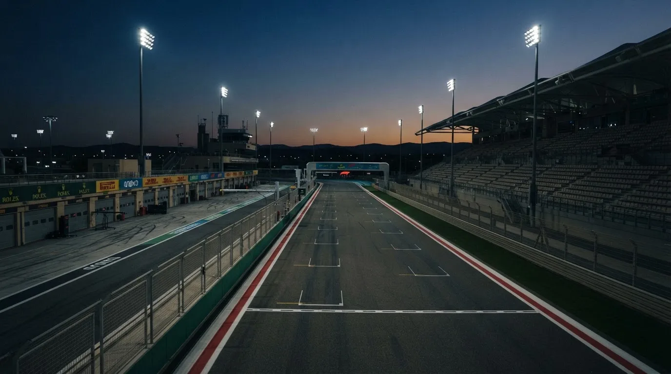 An empty football stadium with floodlight masts at dusk