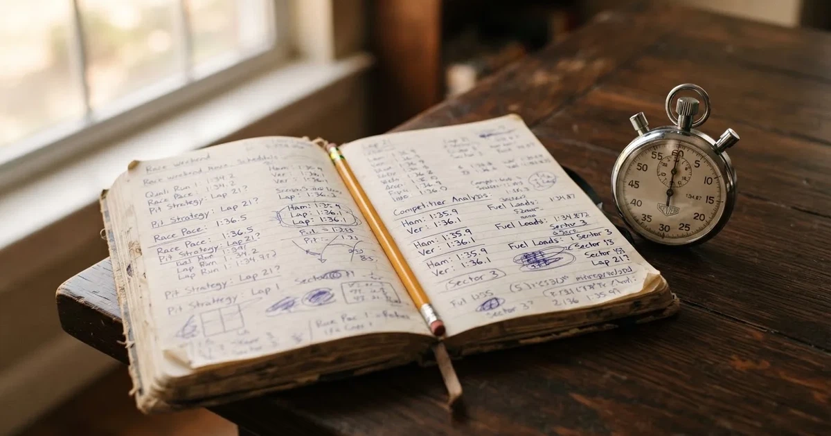 An open notebook with a pencil and a stopwatch on a wooden table