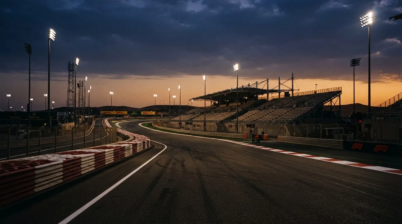 An empty football stadium with floodlight masts at dusk